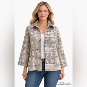 Chico’s Size 2 (Fits L–XL) Off-White Blue Embroidered Stretch Jacket